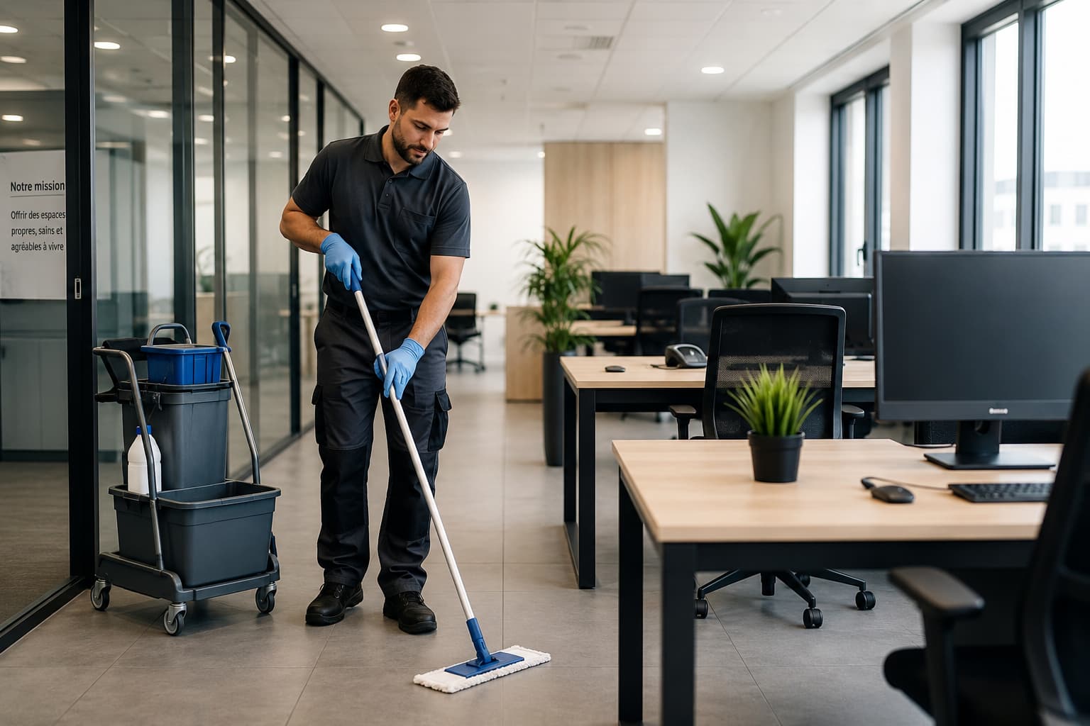 Agent de nettoyage intervenant dans des bureaux professionnels modernes
