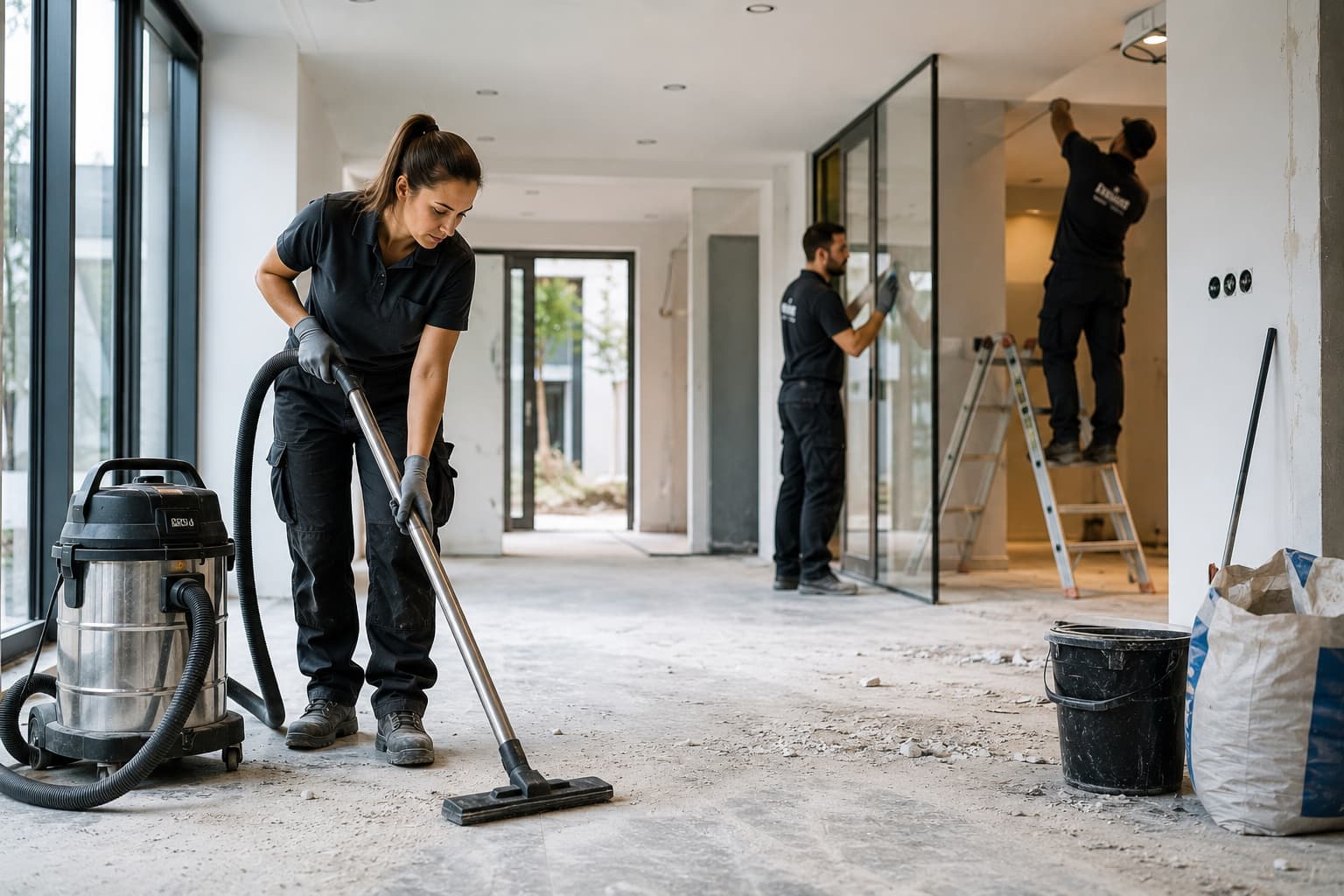 Équipe de nettoyage réalisant une remise en état après travaux